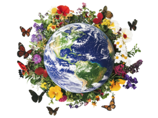 Green Earth covered in plants and butterflies on white background PNG transparent.