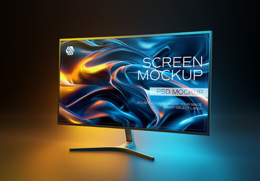 Smart Television Screen On Black With Blue And Orange Lights Mockup