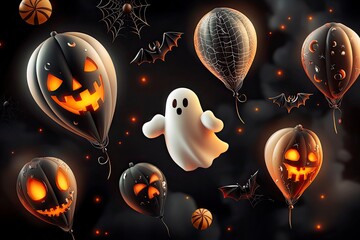 Halloween background vector. Halloween sale and promotion banner design with 3D Ghost and scary air balloons, bat, candy, spider. with generative ai