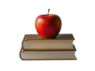 Red apple on top of stacked books on white background PNG transparent.