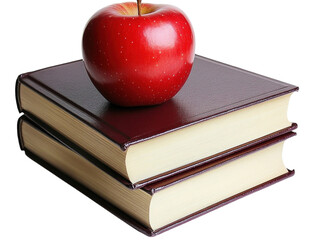 Red apple on top of stacked books on white background PNG transparent.