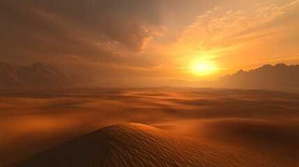 Fototapeta premium 98. A tranquil desert sunset with a wide expanse of sand and distant mountains