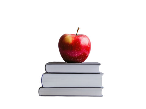Red apple on top of stacked books on white background PNG transparent.