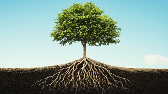 Roots of Behavior: A tree with roots that represent daily actions, and as the roots deepen, they turn into solid, unbreakable chains symbolizing strong habits formed over time