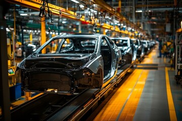 Mass production assembly line of modern cars in a factory.