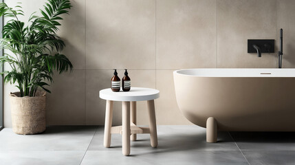 Modern bathroom with beige freestanding bathtub, wood side table, brown dispenser bottles, and potted green plant against neutral wall tiles
