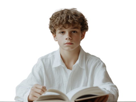 Boy with open book at desk, thoughtful expression PNG transparent.