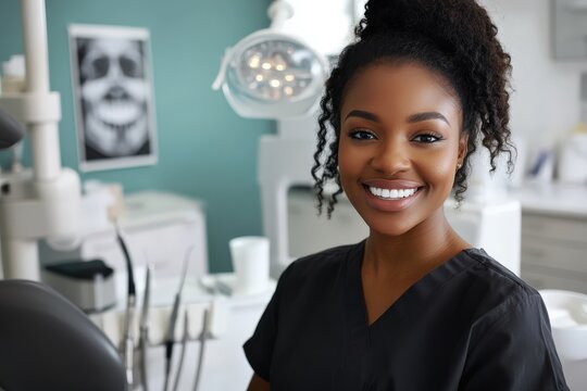 Black Dentist. Portrait of Female Dentist with Beautiful Smile in Dental Office
