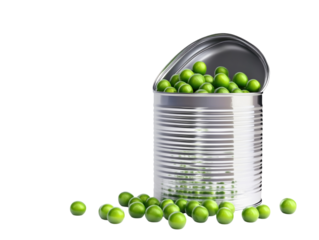 Open tin can filled with green peas, highlighting canned food freshness, on a white background. PNG transparent.