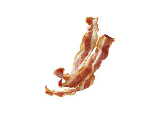 Single crispy strip of cooked bacon, showing rich color and texture, on a white background. PNG transparent.