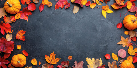 Autumn-themed composition with pumpkins, vibrant leaves, and fall foliage on a dark background, perfect for Thanksgiving and harvest festival designs.