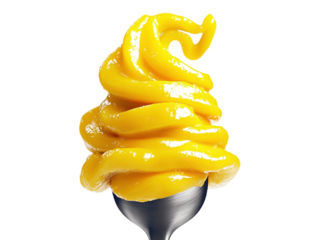 Spoon filled with yellow mustard, with a zigzag pattern of mustard beside it, on a white background. PNG transparent.