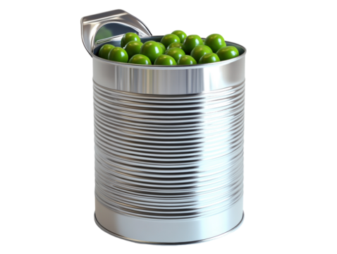 Open tin can filled with green peas, highlighting canned food freshness, on a white background. PNG transparent. - Powered by Adobe