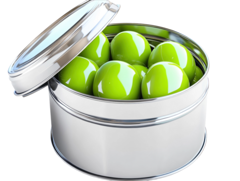 Open tin can filled with green peas, highlighting canned food freshness, on a white background. PNG transparent.