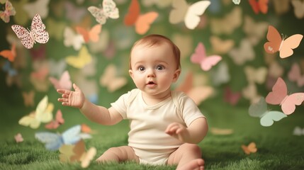 Obraz premium Baby surrounded by colorful butterflies in a magical garden