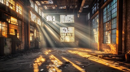 89. An abandoned factory with sunlight streaming through broken windows