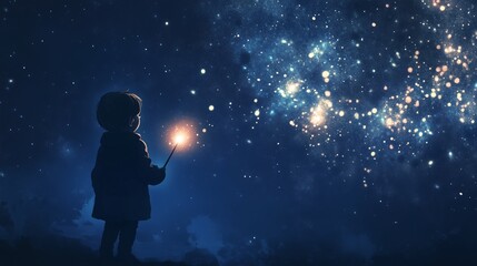 Naklejka premium Silhouette of a child holding a sparkler under a starry galaxy sky