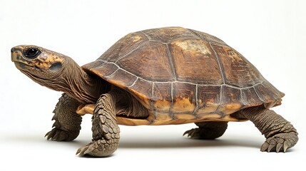 Fototapeta premium Detailed Portrait of Brown Tortoise with Textured Shell Against White Background
