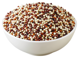 Bowl of cooked quinoa with mixed colors, showing a healthy and nutritious grain, on a white background. PNG transparent.