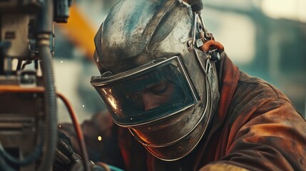 Close-up of a welder wearing a protective helmet and welding gear with sparks flying.