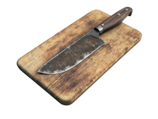 Rustic wooden cutting board with old knife on a white background, vintage kitchen tools. PNG transparent.
