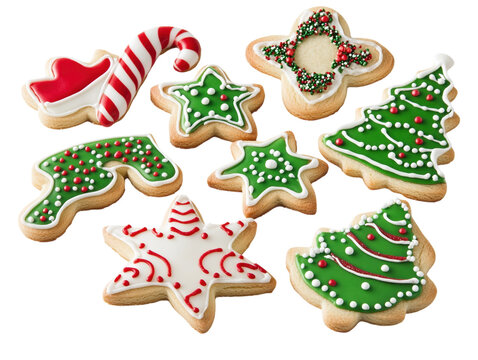 Assortment of Christmas-themed cookies with icing decorations, on a white background. PNG transparent.