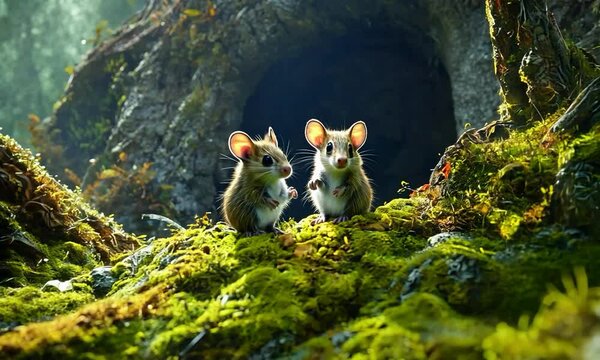 Cute enchanted voles playing in the enchanted forest with glowing tunnels and radiant moss