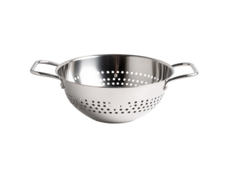 Metal colander with handles, stainless steel, used for straining, on a white background. PNG transparent.