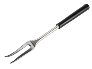 Long stainless steel meat fork on a white background, barbecue utensil. PNG transparent.