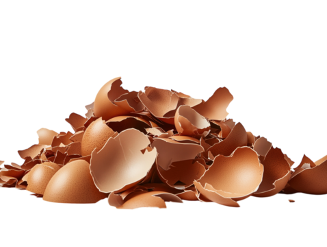 Pile of broken egg shells on a white background, food waste concept. PNG transparent.