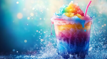 A refreshing rainbow shaved ice in a plastic cup with a pink straw on a blue background with water splashes.