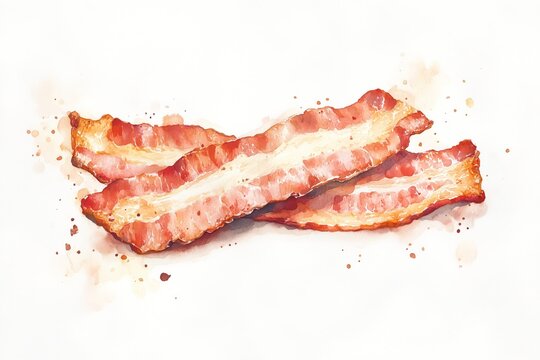 Isolated watercolor bacon slice, painted style, food illustration art, minimalist background, warm earthy tones, soft gradients, white surroundings 