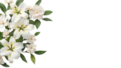 Fototapeta premium Beautiful bouquet of white lilies and soft blossoms with lush green leaves, perfect for decoration and floral designs, transparent background.