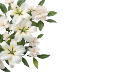 Beautiful bouquet of white lilies and soft blossoms with lush green leaves, perfect for decoration and floral designs, transparent background.