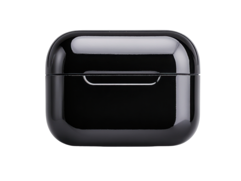 Close-up of a sleek black wireless earbud case, showcasing modern design and technology for music lovers and tech enthusiasts, transparent background.