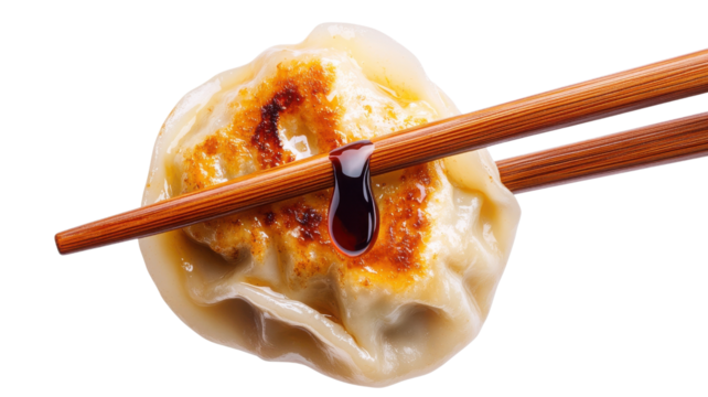 Delicious dumpling garnished with soy sauce, held with chopsticks. A perfect representation of Asian cuisine's rich flavors, transparent background.