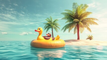 Obraz premium Inflatable Duck Raft Floating in Turquoise Ocean Water with Palm Trees on a Beach