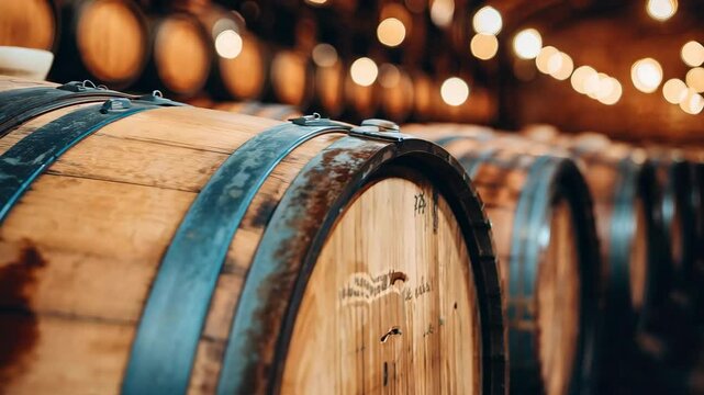 Wooden whiskey barrels stacked