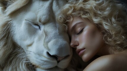an attractive blonde woman sleeping cuddled with a white lion