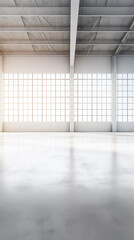 A large empty warehouse with a wide open bright space
