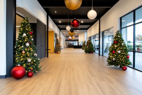 Fototapeta Large office with a Christmas tree in the background. The office is full of black chairs and desks. Modern office space is decorated for the holidays with christmas trees,