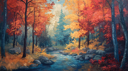 A breathtaking view of autumn foliage in a forest, with vibrant colors painting the landscape.