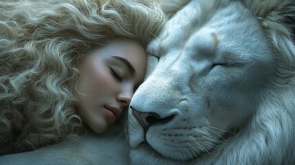 an attractive blonde woman sleeping cuddled with a white lion