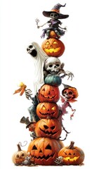 A creative Halloween display featuring a stack of carved pumpkins, skeletons in witch hats, ghosts, and bats, creating a whimsical and spooky scene.