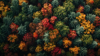 Aerial view of an autumn forest showcasing colorful trees with vibrant hues of orange, red, yellow, green, and brown.
