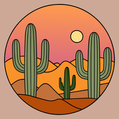 A rugged desert landscape with towering cacti and a dramatic sunset