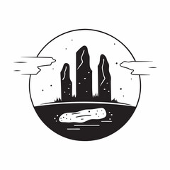 A rugged desert landscape with towering cacti and a dramatic sunset