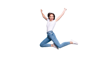 Full length photo of charming youth shouting wearing white t-shirt denim jeans sneakers isolated over blue background