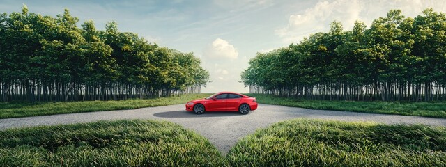 Car at a divergence of roads. Generated by ai.