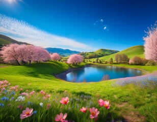 Naklejka premium Vibrant spring scene with green hills, a lake, pink trees, and flowers under sunny skies.